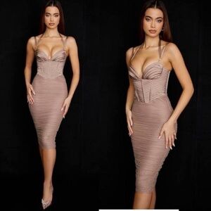 Rare House Of Cb Josephine Taupe Pleated Corset Midi Dress